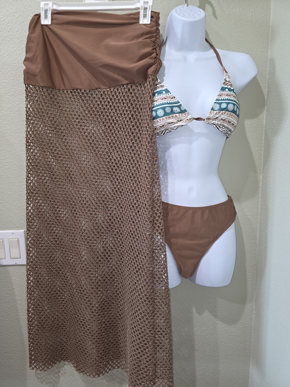 Brown Mesh Swim Cover-Up Skirt with Matching Bikini Set